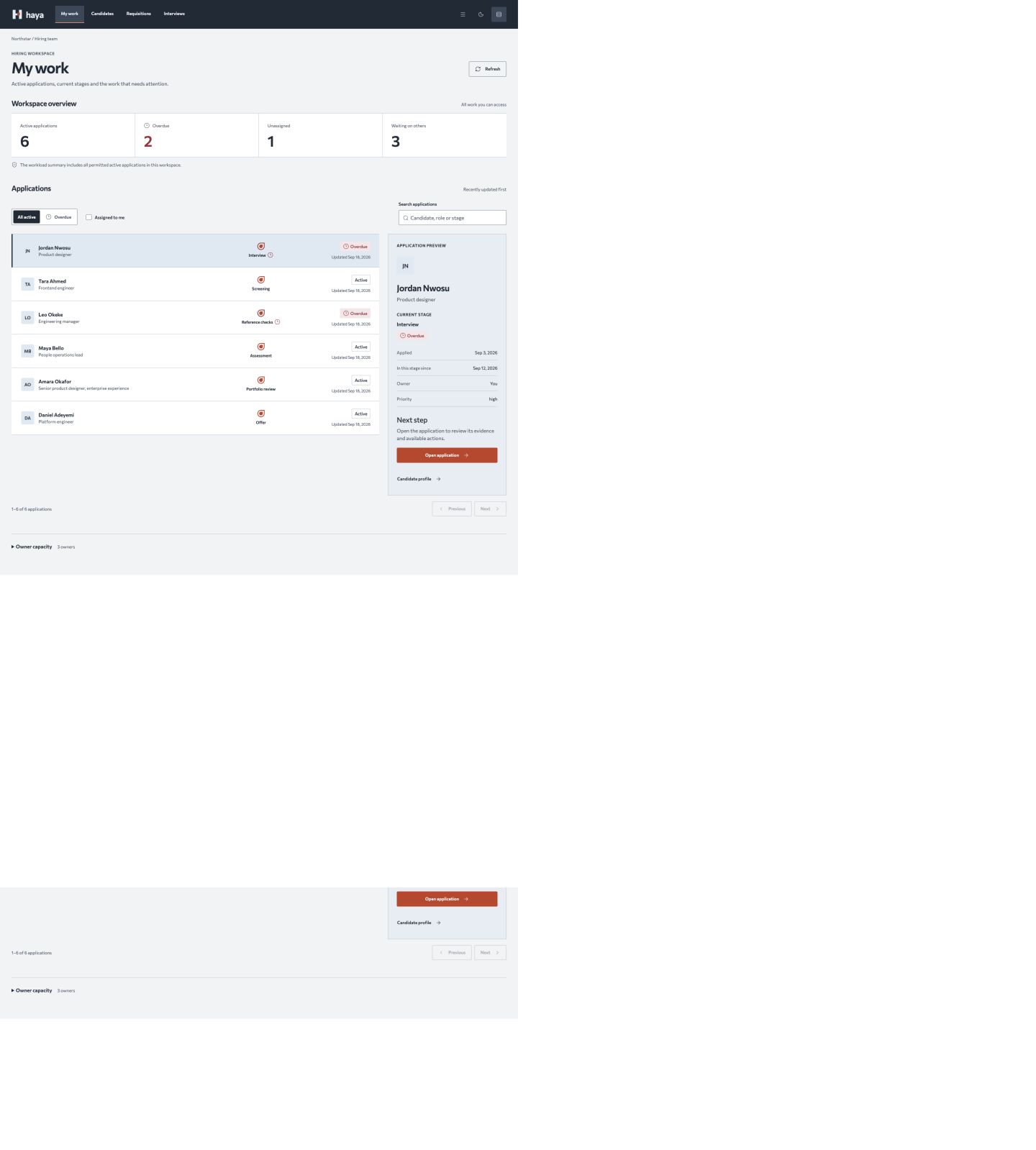 Haya My work in the light theme, with six applications and a selected application preview