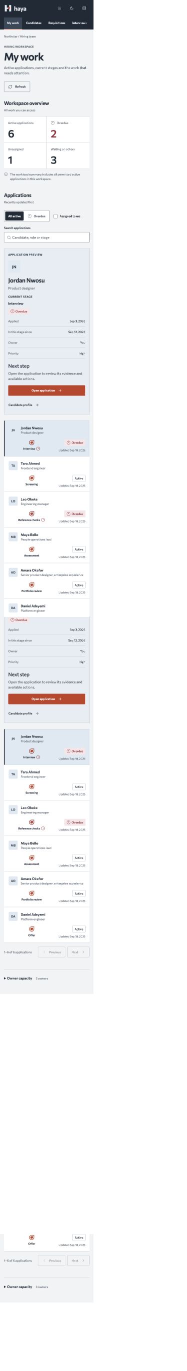Haya My work on a phone with the application preview above the list