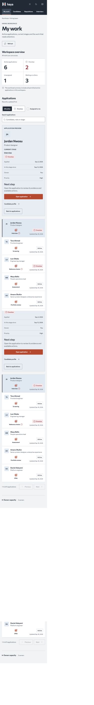Haya My work on a phone with the application preview above the list